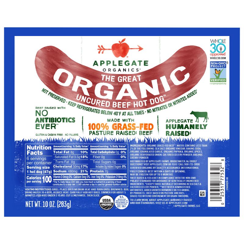 Applegate Grassfed The Great Organic Uncured Beef Hot Dog - 10oz, 1 of 7