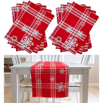 Kovot Set of (1) 72" Table Runner + (8) Placemats | Christmas Holiday Table Decor | Red & White with Foil Accents Snowflake