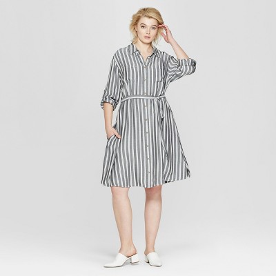 blue and white vertical striped dress