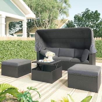 Outdoor Patio Rectangle Rattan Daybed with Retractable Canopy, Cushions and Lifting Table-ModernLuxe
