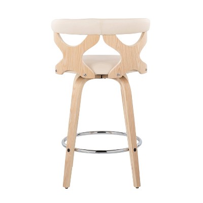 Mid-Century Modern Swivel Counter Stool in Natural Wood & Cream