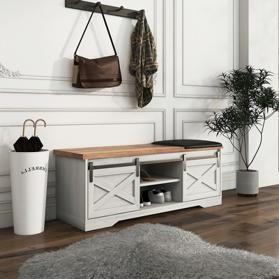 Shoe Storage Bench, 2-Tier Farmhouse Entryway Bench with Sliding Barn Door Storage Cabinets & Full Soft Removable Seat Cushion, for Entryway