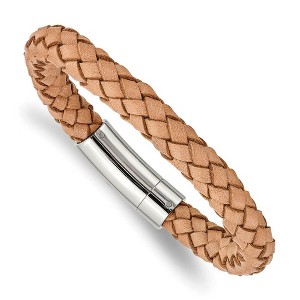 Black Bow Jewelry 8mm Stainless Steel, Light Tan or Brown Leather Woven Bracelet, 8.5 In - 1 of 4