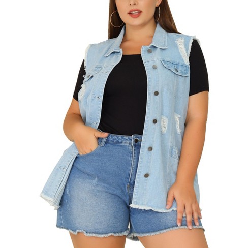 Agnes Orinda Women's Plus Size Jeans Short Sleeve Chest Pocket Button Down  Denim Shirts Blue 1X