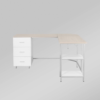 Sand Wood L-Shape Gaming Computer Desk with Drawer