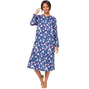 Dreams & Co. Plus Size Long-Sleeve Henley Print Sleepshirt - 1 of 4