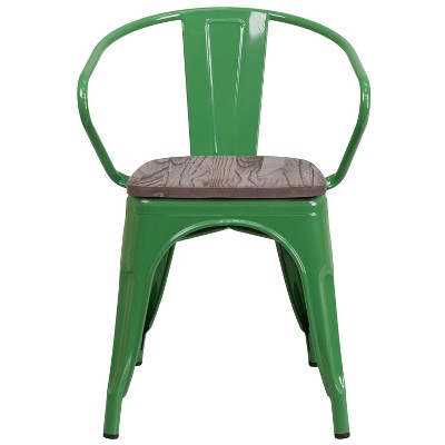 Rustic-Chic Green Metal Bistro Armchair with Wood Seat
