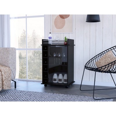 VYNXARIA Bar Cart, Glass Door, Four Casters, Two Shelves, Black