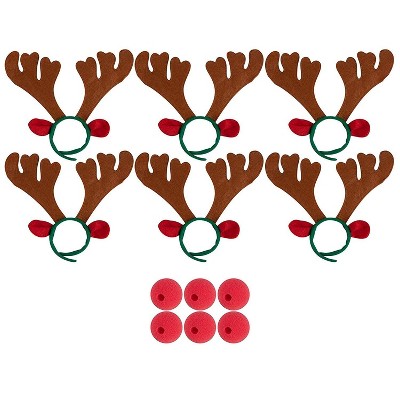 Juvale Reindeer Costume Accessories - 6-Set Party Supplies Includes 6 Santa's Reindeer Antler Headbands, 6 Red Foam Noses for Halloween Christmas