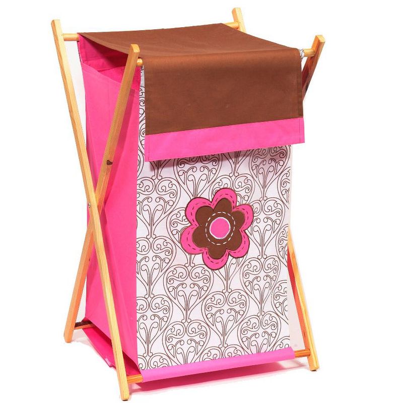 Bacati - Damask Pink/Choco Laundry Hamper with Wooden Frame, 1 of 4