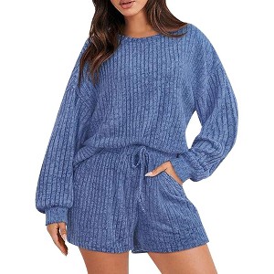 Women's Clothing Set Loose Sportswear Striped Crew Neck Long Sleeve Top Shorts Home Wear Suit - 1 of 4