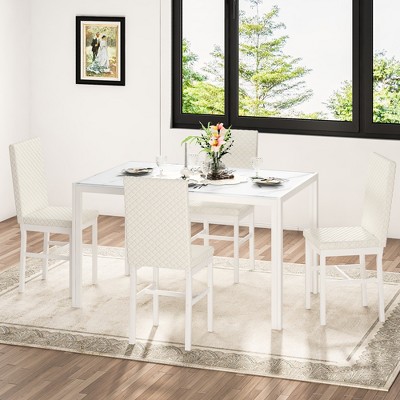 Hooseng Modern Luxurious Style 5/7 Piece Dining Room Table Set, Tempered Glass Top Dining Table Set for 4/6, Metal Frame And Upholstered Dining Chairs