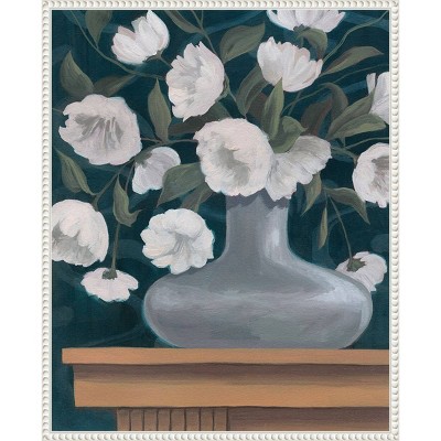 Snowball Posies II White and Green Canvas Print in White Frame