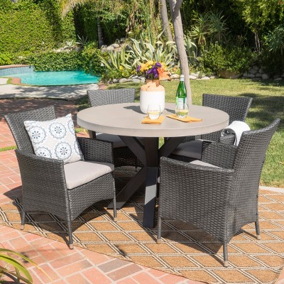 Christopher Knight Home Neron Outdoor Wicker and Lightweight Concrete 5 Piece Dining Set with Cushion, Gray/Light Gray