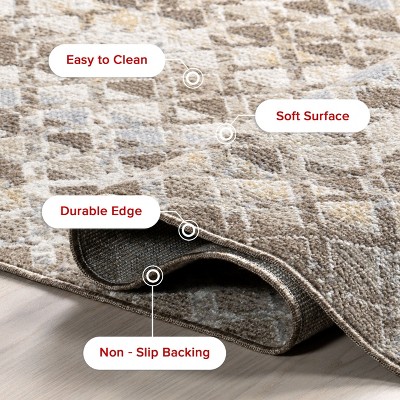 Beige and Ivory Geometric 4' x 6' Washable Synthetic Area Rug