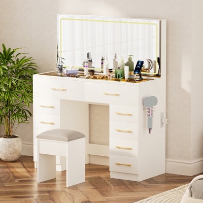 46" Glass Top Vanity Desk with 10 Drawers Makeup Vanity with Mirror and Stool,3 Lighting Modes Dressing Table
