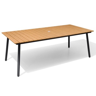 Crestlive Products Outdoor Dining Table Patio Dining Table with Wooden-Like Top and Aluminum Frame, Rectangular Table with Umbrella Hole