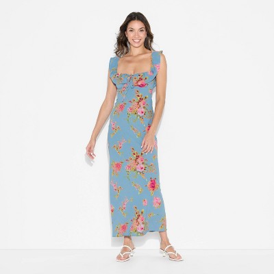 chinese dress ladies Floral Flounce Sleeve Midi Dress Teal / M main image 1