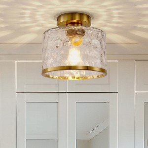 DORESshop 9 in. 1-Light Gold Round Clear Glass Semi-Flush Mount with Water Glass Shade for Bathroom and No Bulbs Included 1-Pack - 1 of 4