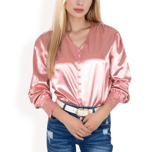 Anna-Kaci Women's Satin Long Sleeve Blouse with Decorative Buttons and V-Neckline - 1 of 4