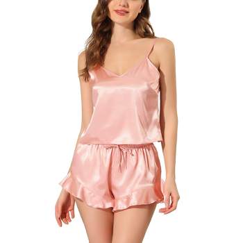 Cheibear Womens Sleepwear Pjs Lace Trim Satin Lingerie Silk Cami With  Shorts Pajama Set Pink Small : Target
