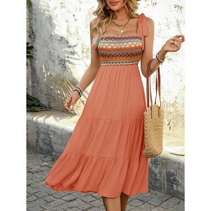 Womens Dress Smocked Sleeveless A Line Print Shoulder Tie Detail Midi Dress - 1 of 4