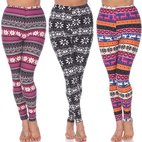 Women's Pack of 3 Leggings Black/White, Orange/Fuchsia, Burgundy One Size  Fits Most - White Mark