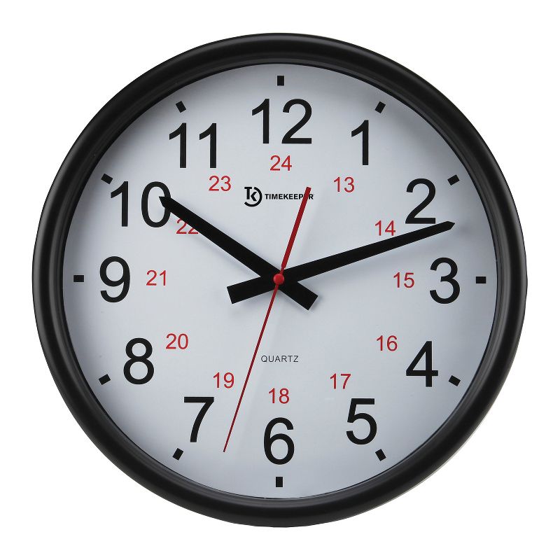 Timekeeper 14-In. Quartz Black and White Indoor/Outdoor Wall Clock with Standard and Military Time, Black and Red Hands, and Black Rim, 4 of 5