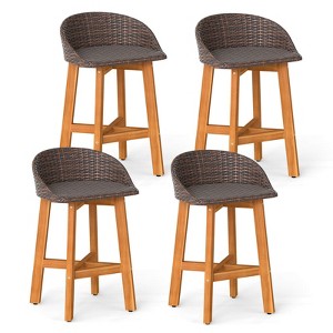 Costway Outdoor Faux Rattan Bar Chairs Set of 2/4 Solid Acacia Wood Bar Stools for Porch Brown/Gray - 1 of 4