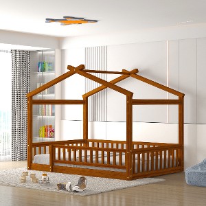 Lyngins Modern Wood House Twin Size Bed Frame, Toddler Bed with Roof & Fence, Floor Bed/Kid's Bed —7 Bed Slats, Semi-Enclosed Play/Sleep Space - 1 of 4