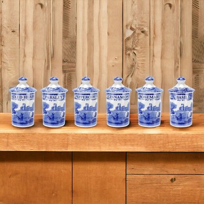 Spode Blue Italian Fine Porcelain Spice Jars, Set of 6