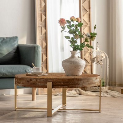 CENGHU Modern Thread Design Round Coffee Table with Cross Legs Metal Base, Tea Table, Side Table for Living Room, Dining  Room, Bedroom, Kitchen