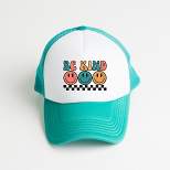 Simply Sage Market + Adult One Size Fits Most + Checkered Be Kind Smiley Face + Foam Trucker Hat + White/Teal