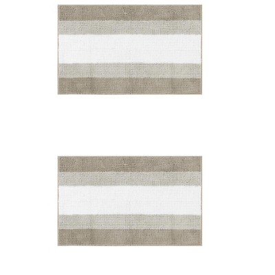 Unique Bargains Chenille Fluffy Striped Extra Soft Absorbent With Non-Slip Backing Bath Floor Mats 2 Pcs
