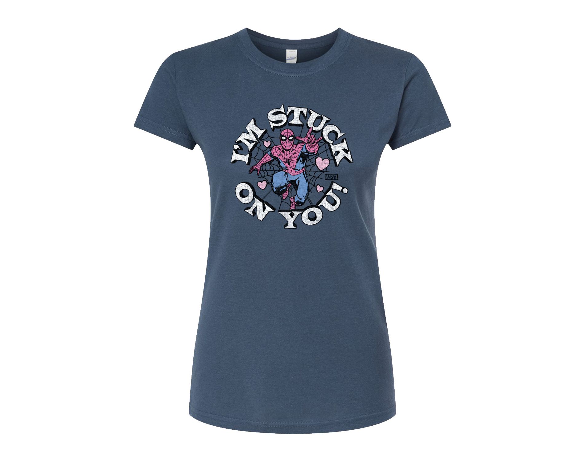 Women's Marvel Spider-man Valentine I'm Stuck On You Fitted Graphic T-Shirt - Indigo - Large