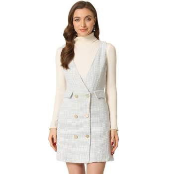 Allegra K Women's Elegant Vintage Button Front V Neck Plaid Tweed Overalls Pinafore Dress