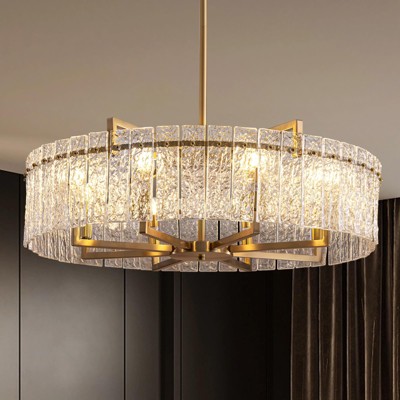Ludomide Gold 8-Light Round Drum Chandelier, Dia 33.5", Glass Pendant Lighting for Living Room, Dining Room, Bedroom, Hotel Foyer