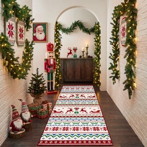 2'x6' Beige Christmas Area Rug, Vintage Floor Carpet with Reindeer ...