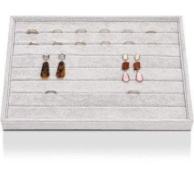 Stackable Velvet Jewelry Display Tray Organizer Showcase Storage Holder with 7 Rows for Ring Earring, Gray 13.5”x9.5”
