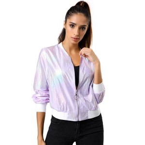 INSPIRE CHIC Women's Holographic Fashion Stand Collar Metallic Lightweight Zip Bomber Jacket - 1 of 4