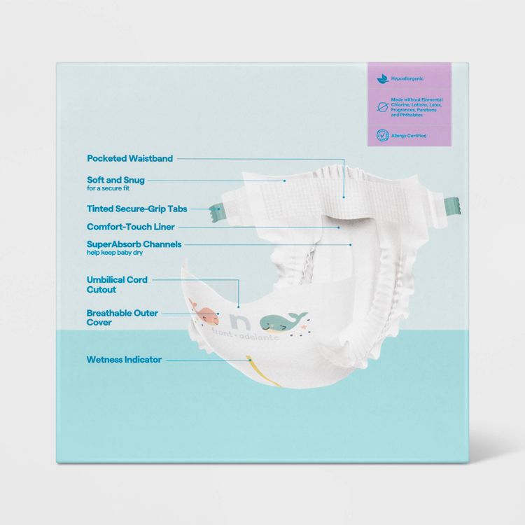 A white diaper with features labeled, including a pocketed waistband, tinted secure-grip tabs, comfort-touch liner, super absorb channels, umbilical cord cutout, breathable outer cover, and wetness indicator, displayed on a blue background.