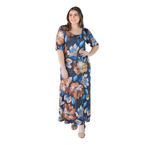 24seven Comfort Apparel Womens Multicolor Floral Print Elbow Sleeve Casual  A Line Maxi Dress : Target