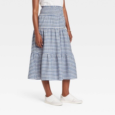 Women's High-Rise Tiered Midi A-Line Skirt - Universal Thread™ Blue Gingham Check