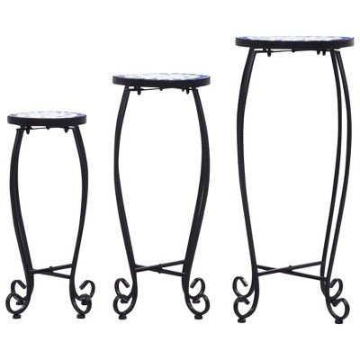 Blue and White Ceramic Mosaic Plant Stand Set with Black Iron Frame
