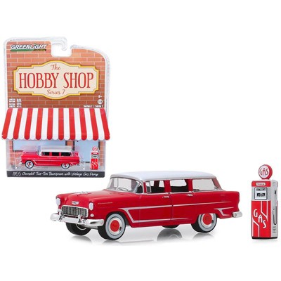 1955 Chevrolet Two-Ten Townsman Red with Vintage Gas Pump "The Hobby Shop" Series 7 1/64 Diecast Model Car by Greenlight