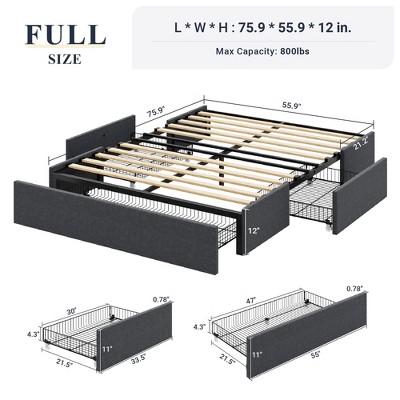 Dark Gray Full Upholstered Platform Bed with Storage Drawers