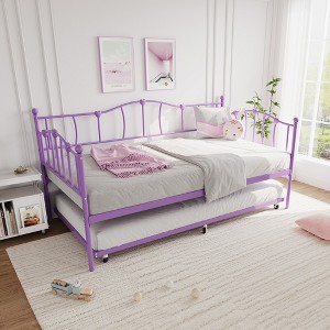 Metal Twin Daybed with Trundle, Heart Sofa Bed Frame Platform Furniture Heavy Duty Steel Slat Support for Living Room, Bedroom, Easy Assembly - 1 of 4