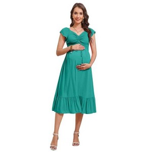 Coolmee Women Summer Maternity Maxi Dress Sweetheart Neck Short Sleeve Smocked Boho Drawstring Long Dress Photoshoot Baby Shower - 1 of 4