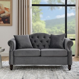 TiramisuBest 57" 2-Seater Tufted Velvet Sofa with Rolled Arms & Nailhead Trim, Grey for Living Room, Bedroom & Office - w/2 Pillows - 1 of 4