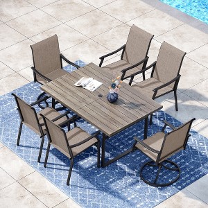Captiva Designs 7pc Patio Outdoor Dining Rectangle Steel Table with Umbrella Hole & Brown Textilene Arm Chairs - 1 of 4